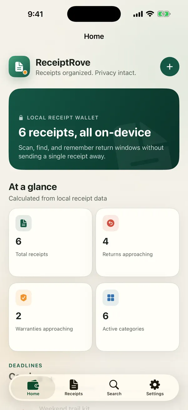 ReceiptRove private dashboard with totals and categories