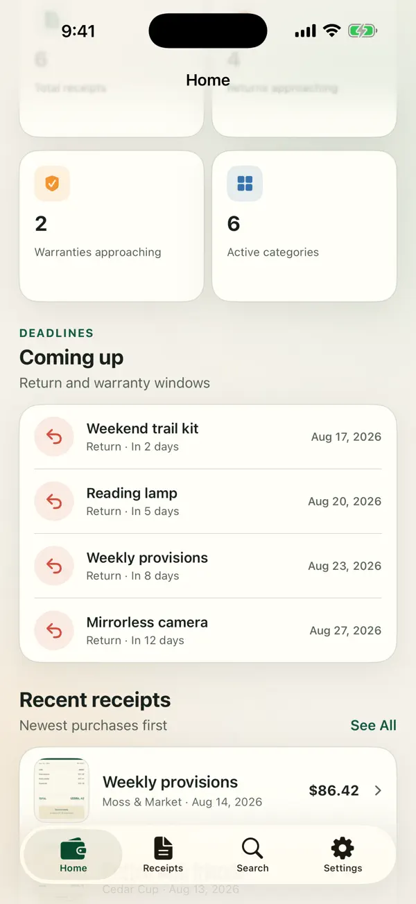 ReceiptRove return and warranty deadlines with recent receipts
