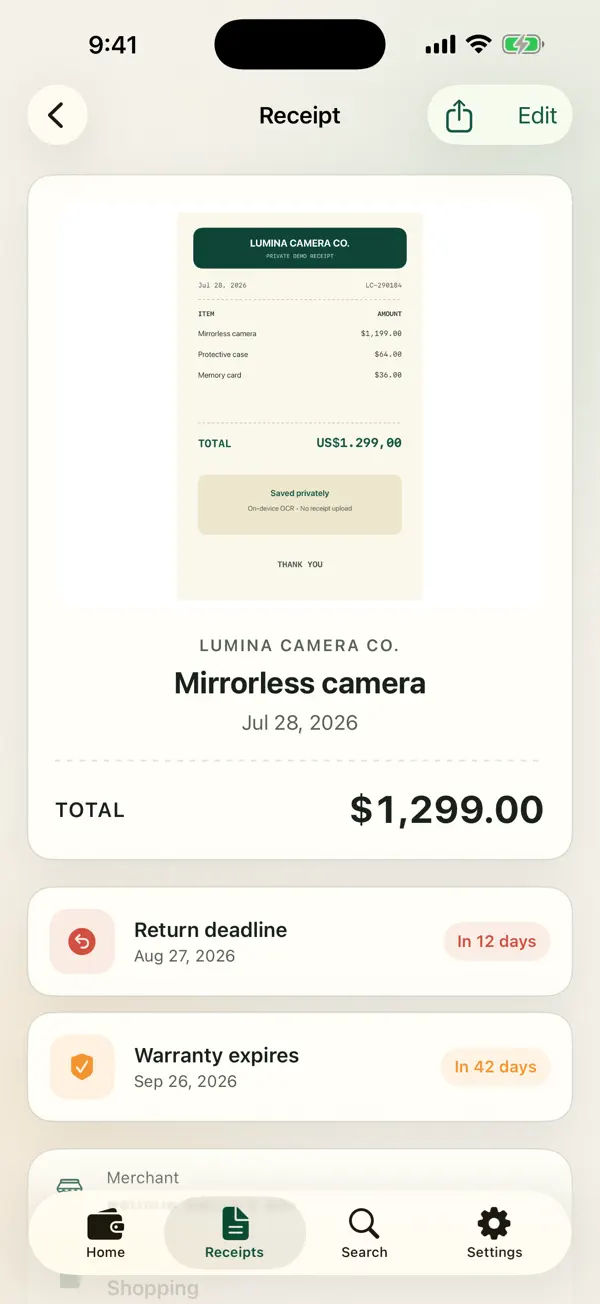 ReceiptRove receipt detail view