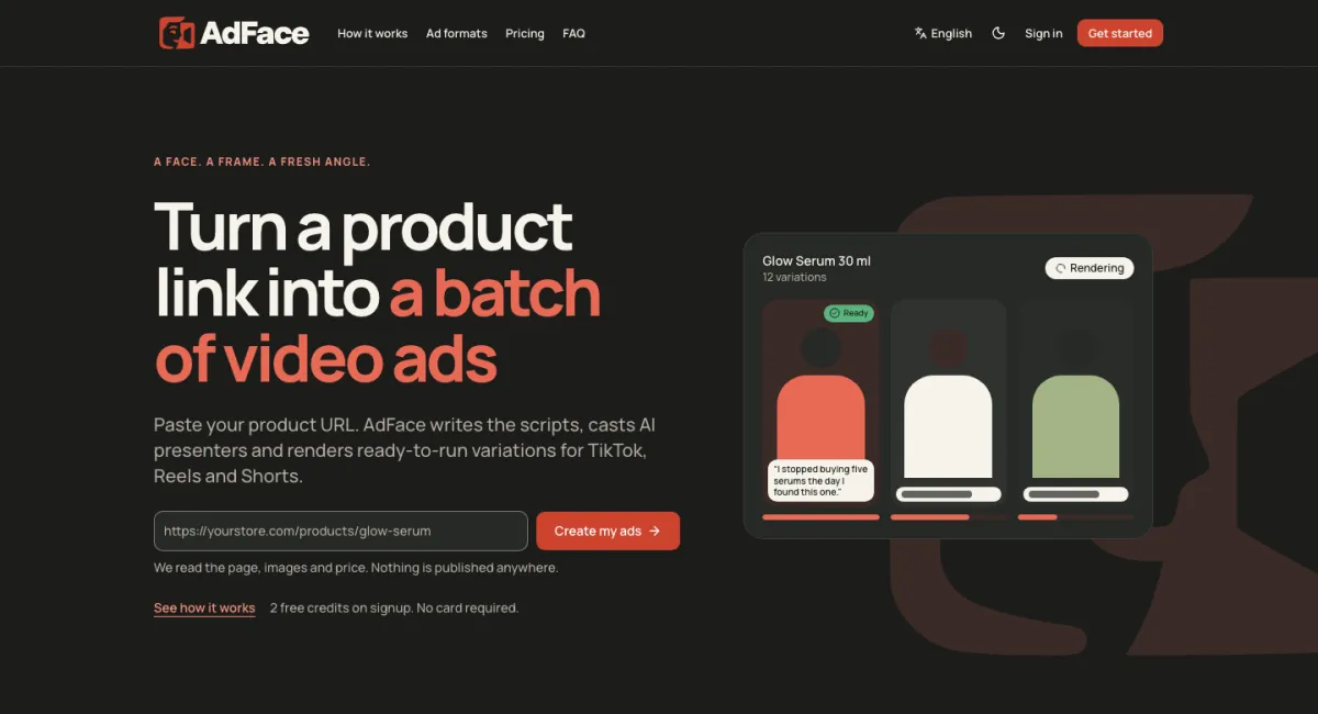AdFace homepage: turn a product link into a batch of video ads, with a campaign preview rendering 12 variations