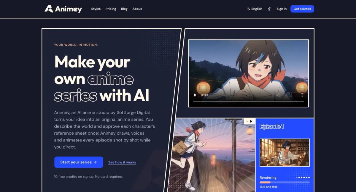 Animey homepage: make your own anime series with AI, showing a sample episode being rendered