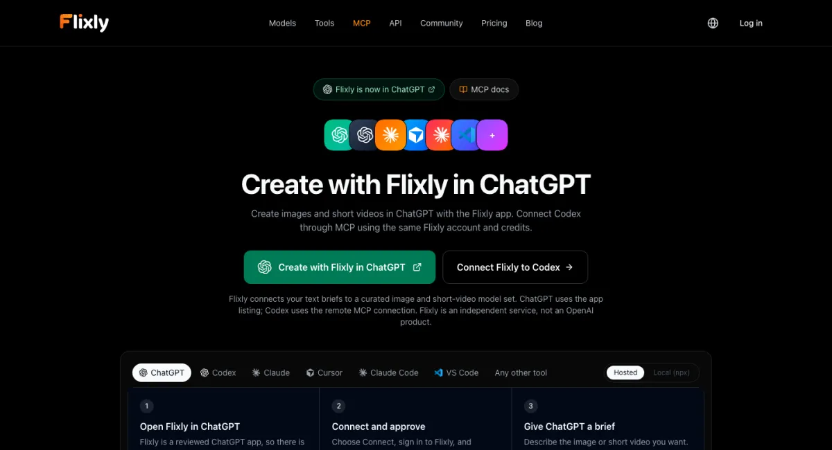 Create with Flixly in ChatGPT: open the app, connect and approve, then give ChatGPT a brief