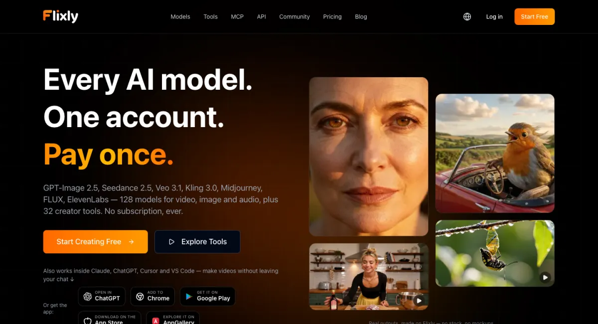 Flixly homepage: every AI model, one account, pay once — with sample AI-generated video and image outputs