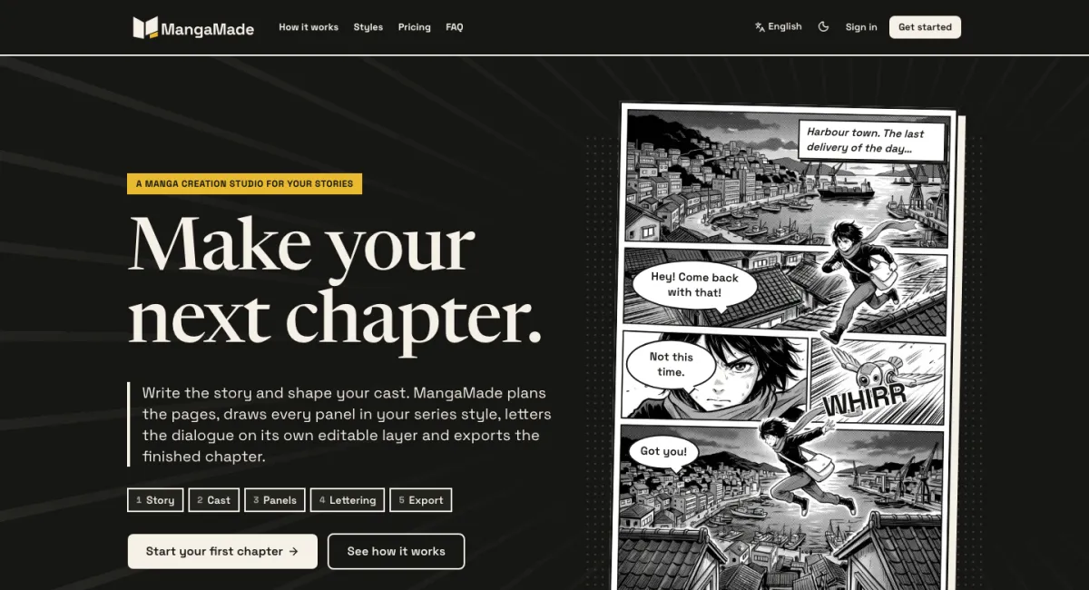 MangaMade homepage: make your next chapter, with a sample black-and-white manga page and editable speech balloons