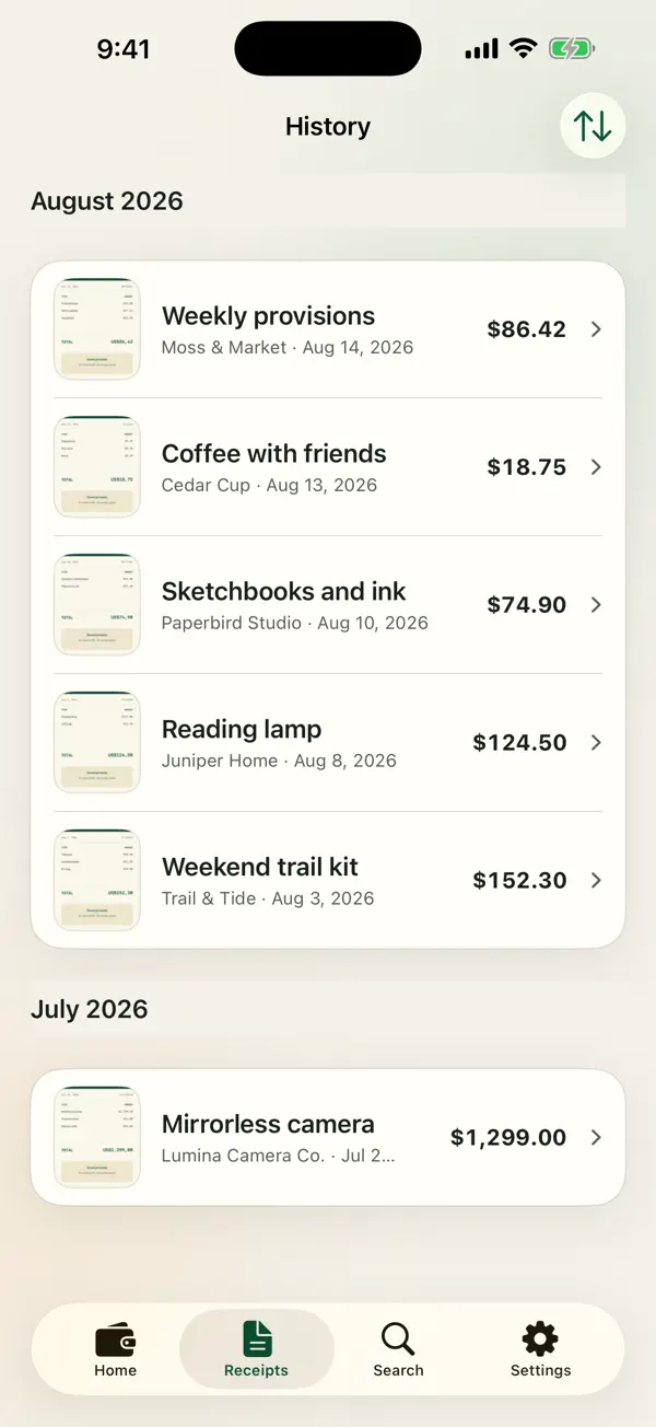 ReceiptRove receipt history