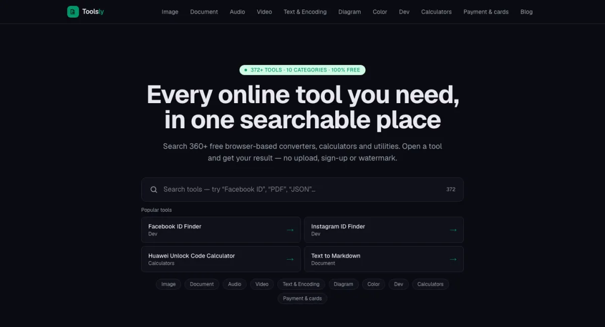 Toolsly homepage: every online tool you need in one searchable place, with 372 tools across 10 categories